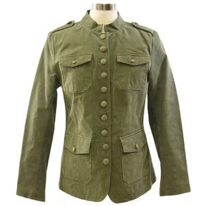 Y2K Vintage Olive Green Suede Utility Jacket Womens M 8 Military Stand Collar